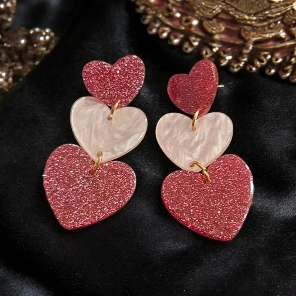 Gold Plated Acrylic Sparkly Pink Marbled Hearts Dangle Stud Earrings